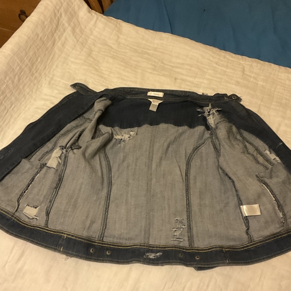 SEXY WOMENS RIPPED/DESTROYED CHRISTOPHER & BANKS LG BLUE DENIM FULL ZIP JACKET - Picture 7 of 14